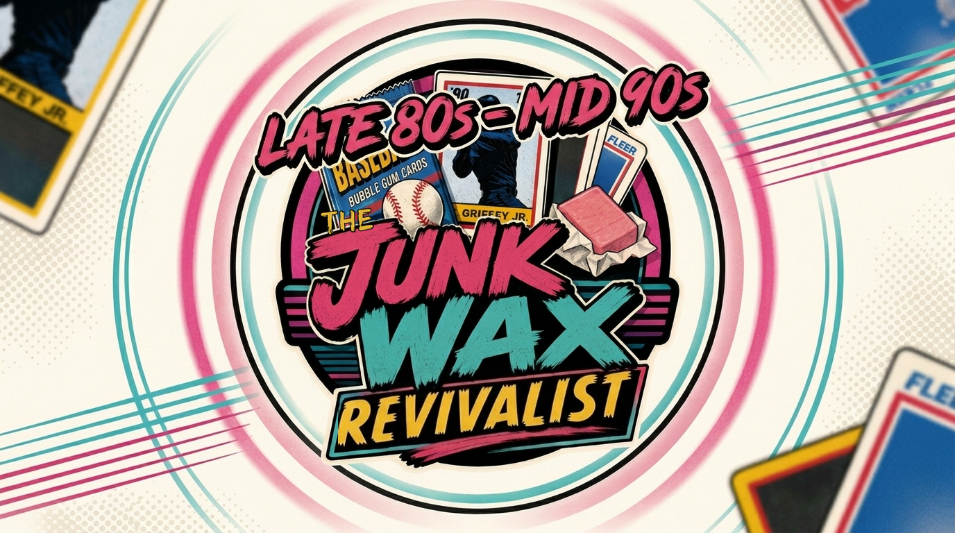 The Junk Wax Revivalist brand collage: pink brush lettering reading "LATE 80s - MID 90s" arched above a layered badge of late '80s and mid '90s cards, a wax pack and a slab of bubble gum, over overlapping junk wax era baseball cards and hot pink concentric circles